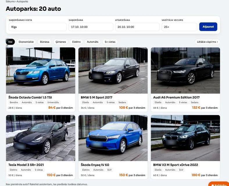 Plattform für Autovermietung: echter Bildschirm des Produkts